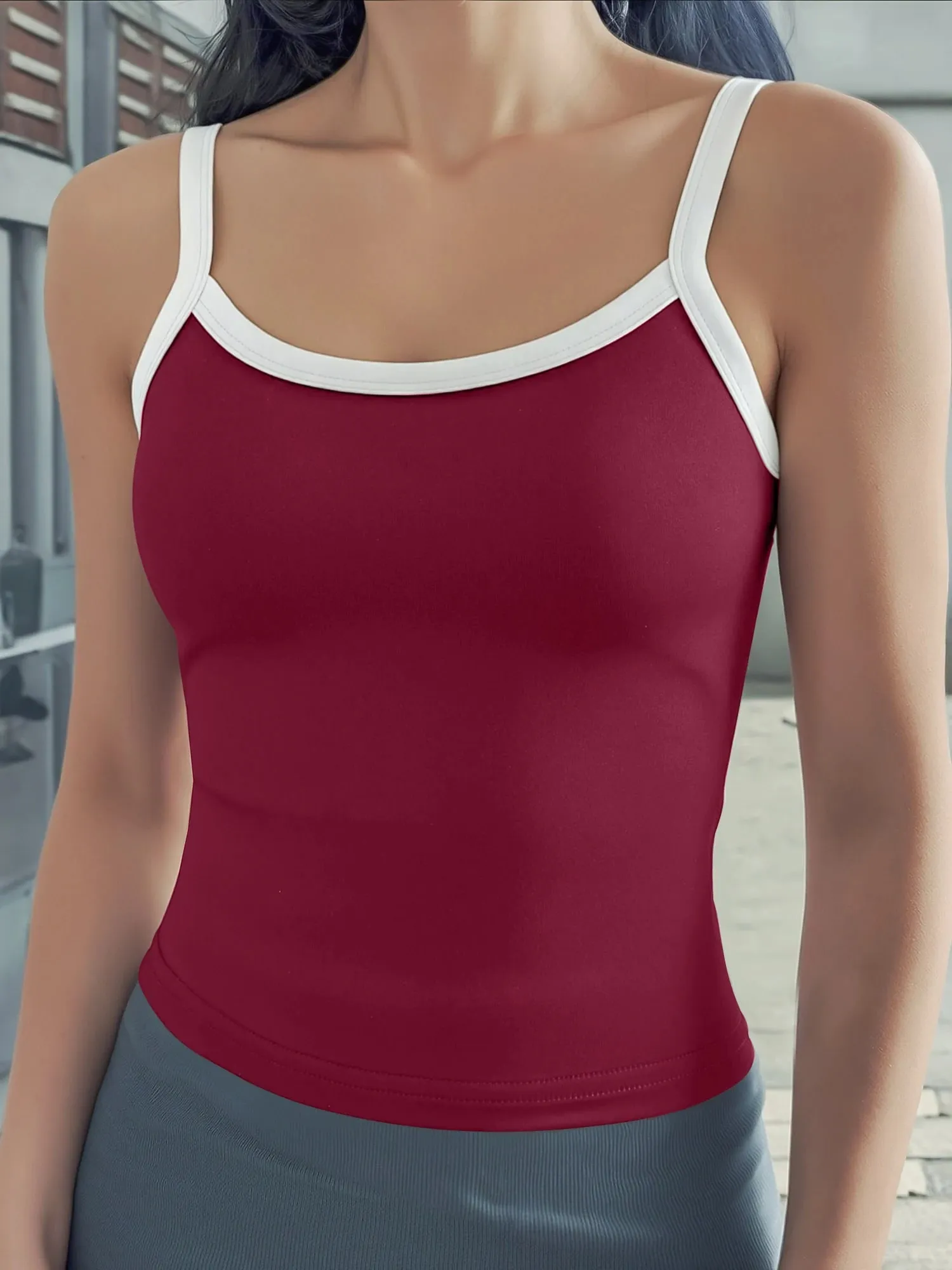 Contrast Binding U-Neck Crop Cami Slim Spaghetti Strap Bodycon Tank for Urban Street Style & Evening Date Outfits — image 2