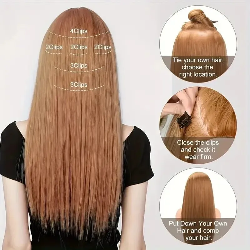 24Inch Synthetic 16 Clips in Hair Extensions Long Straight Hairstyle Blonde Black Hairpieces Heat Resistant False Hair