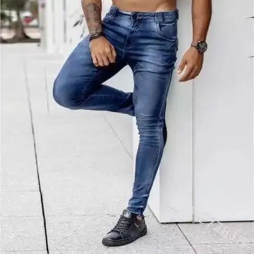 Men High Waist Skinny Jeans Stretch Pencil Pants Solid Color Ins Trendy Street Slim Fit Denim Trousers Male Casual Pants — image 7