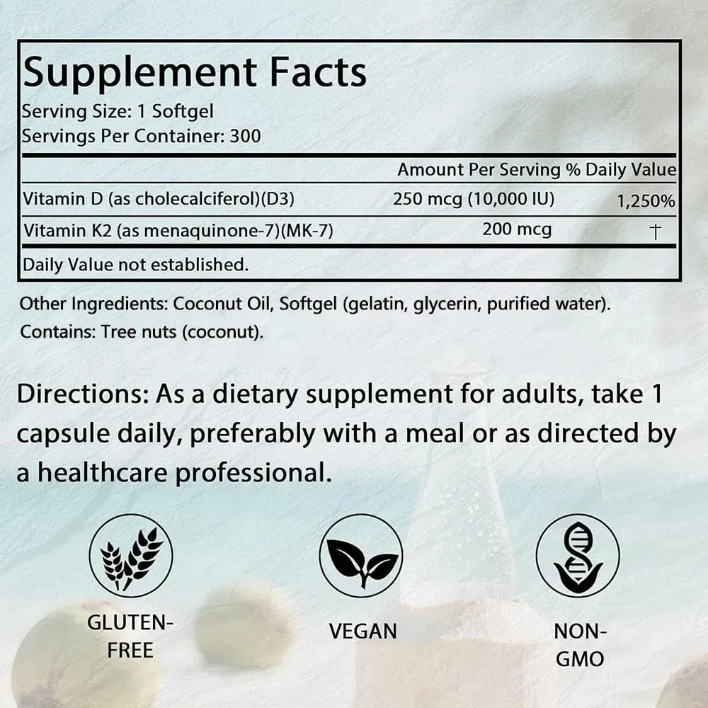 180/300 Vitamin D3 K2 Softgel Supplement with Coconut Oil - 2-in-1 Vitamins D & K Complex | Extra Strength Easy to Swallow — image 6