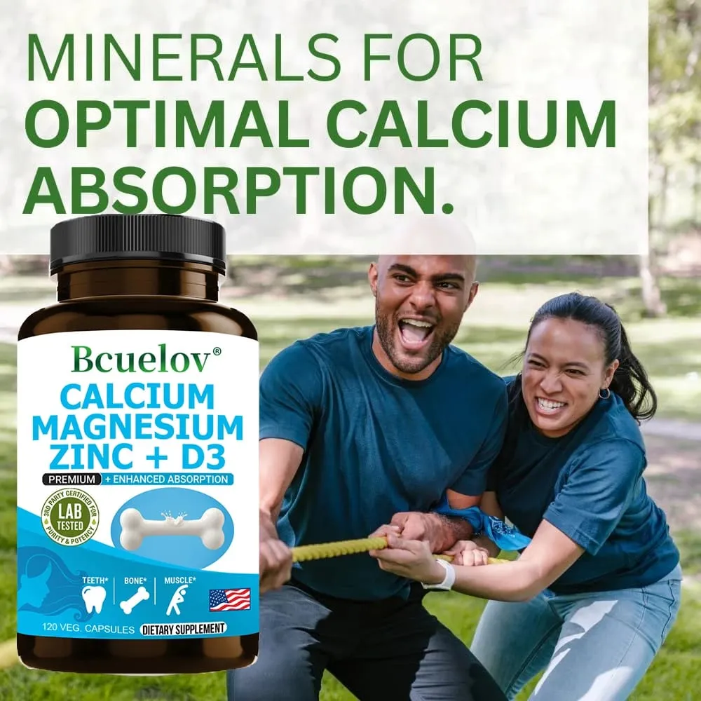 Bcuelov Cálcio Magnésio Zinco Suplemento de Vitamina D3 - Ossos Dentes Músculos Nervos Metabolismo Síntese de Proteínas Sistema Imunológico