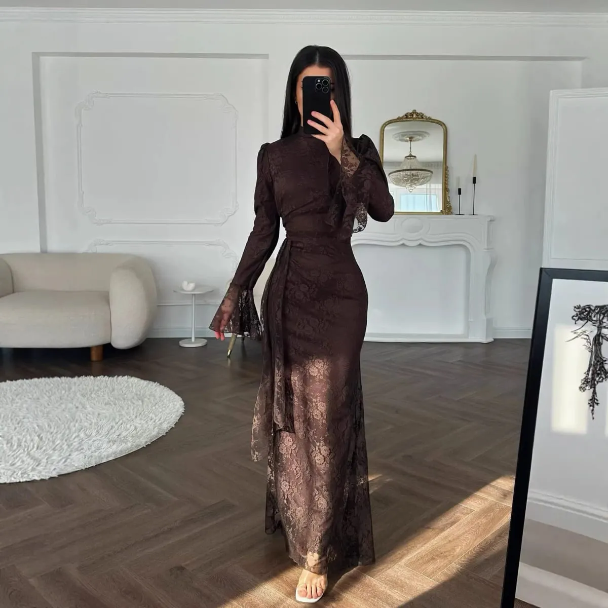 Women Lace Fitted Dresses Solid Evening Dress H Line Ankle Lenth Bell Sleeve Waist Cinch Slim Fit Party Sexy Elegant 2026 Summer — image 2