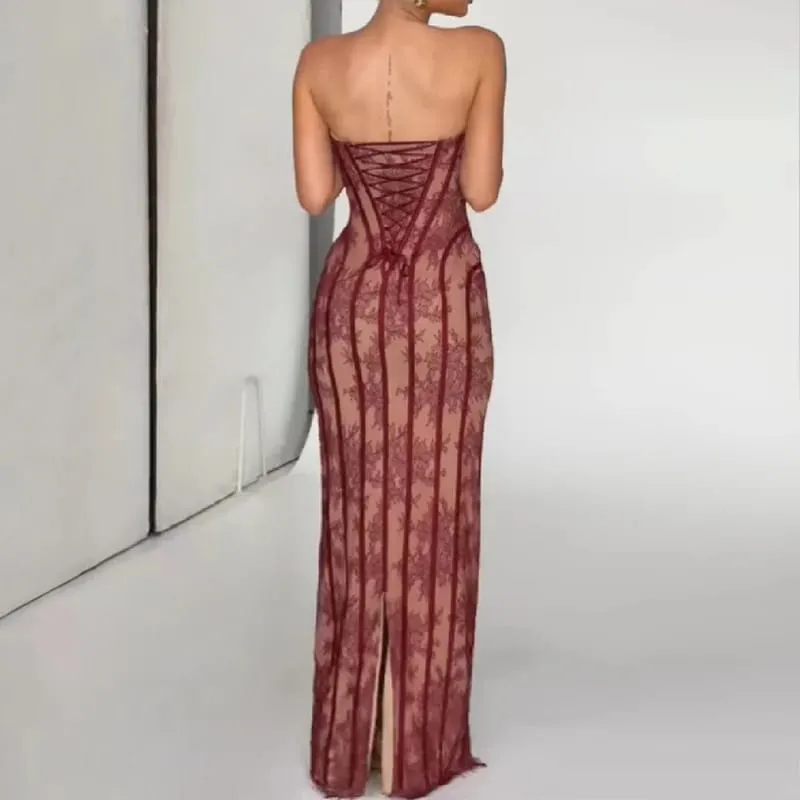 Elegant Chic Gauze Fishbone Party Gown Off-shoulder Strapless Maxi Dress Women Lace Shaping Waist Vestidos 2026 Evening Dresses