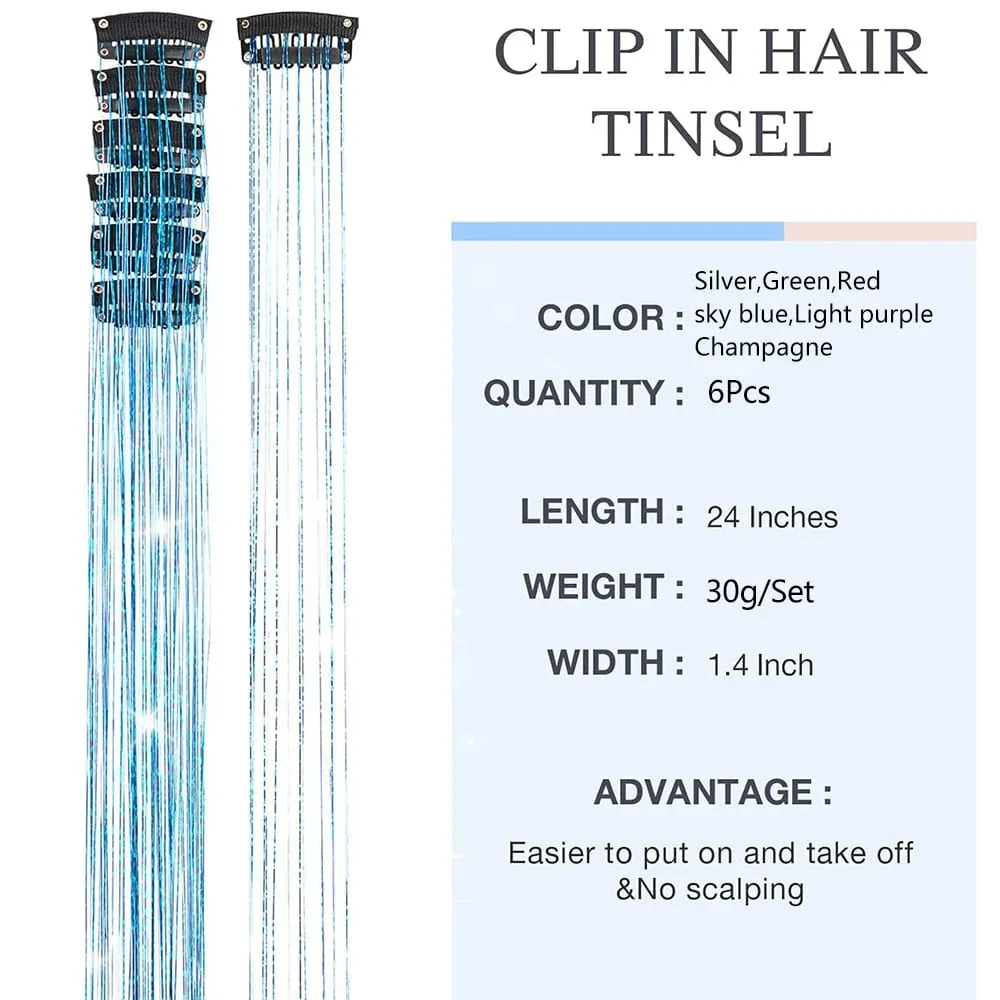 Hair Tinsel Pack of 6 Pcs Hair Tinsel Clip in Glitter Tinsel Hair Extensions Synthetic Hair Tinsel Kit Party Festival Fairy Hair — image 3
