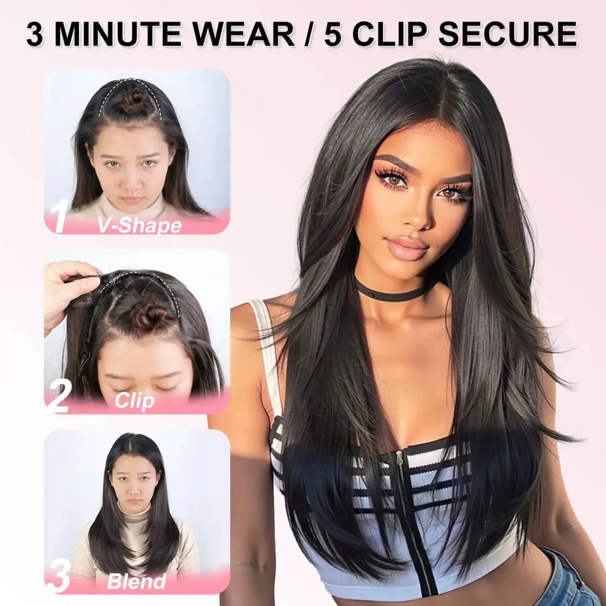 Black Clip in Hair Extensions for Women Long Straight Layered Synthetic Hair with 5 Clip One-Piece Design Soft & Face Framing 2