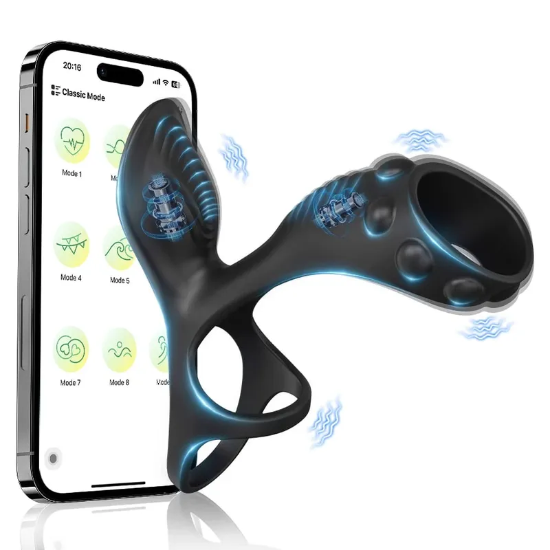 Giocattolo del sesso del vibratore dell'anello del pene telecomandato per gli uomini Tempo di ritardo Massaggiatore della prostata Rotazione di 360 ° Anelli vibranti per il pene 18+