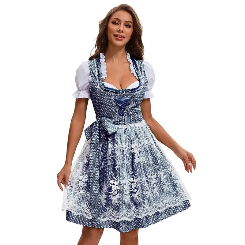 2025 Multicolor Munich Oktoberfest Dress for Women Bavarian Traditional Ethnic Print Beer Skirt with Top and Apron Maid Costume