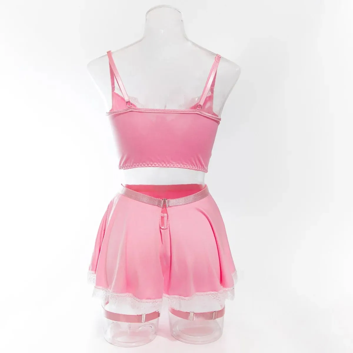 4Pcs/set Sexy Pink Lingerie Maid Underwear Lace Push Up Bra And Thongs Bandage Mini Dress For Women Role Play Outfits Sleepwear — image 6