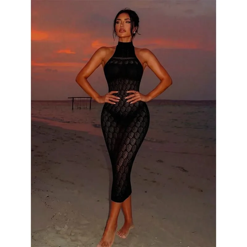 Women Bodycon Dress Without Underwear Hollow Out Beachwear Sheer Mesh Fishnet See Through Music festival Swimsuit — image 2