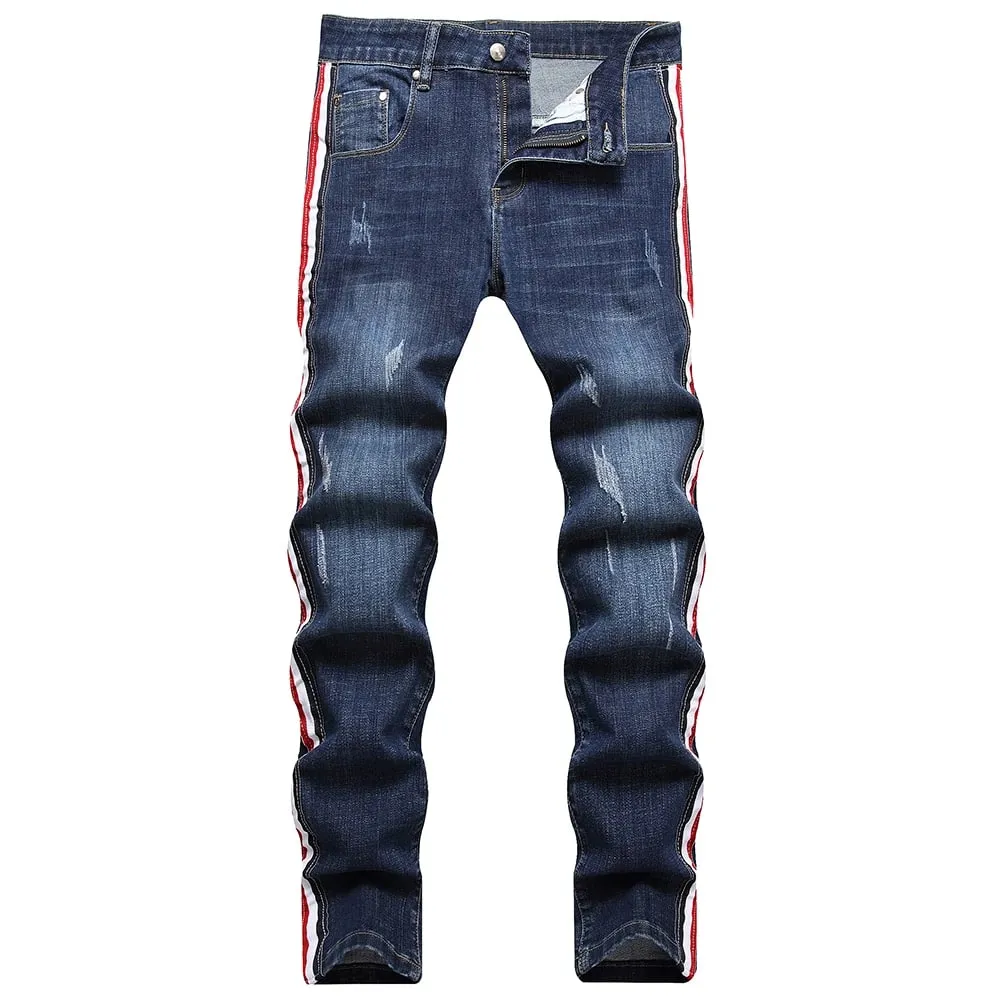 Men Side Stripe Denim Jeans Blue Stretch Washed Denim Pants Slim Straight Trousers