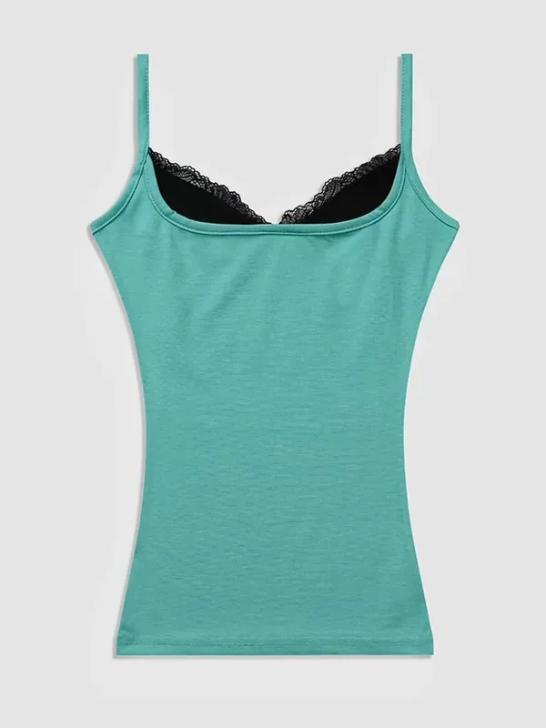 Women Y2K Fake Two Piece Lace Cami Top Contrast Black Trim Slim Fit Spaghetti Strap Summer Tank Top