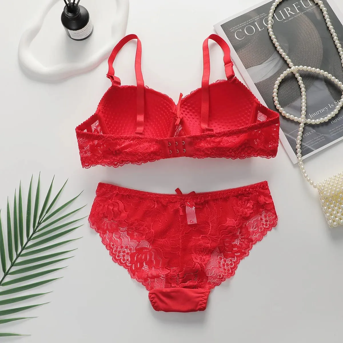 Women Elegant Floral Lace Bra And Panty Set Push‑Up Underwire Brassiere Bow Decor Ladies Lingerie Set — image 2