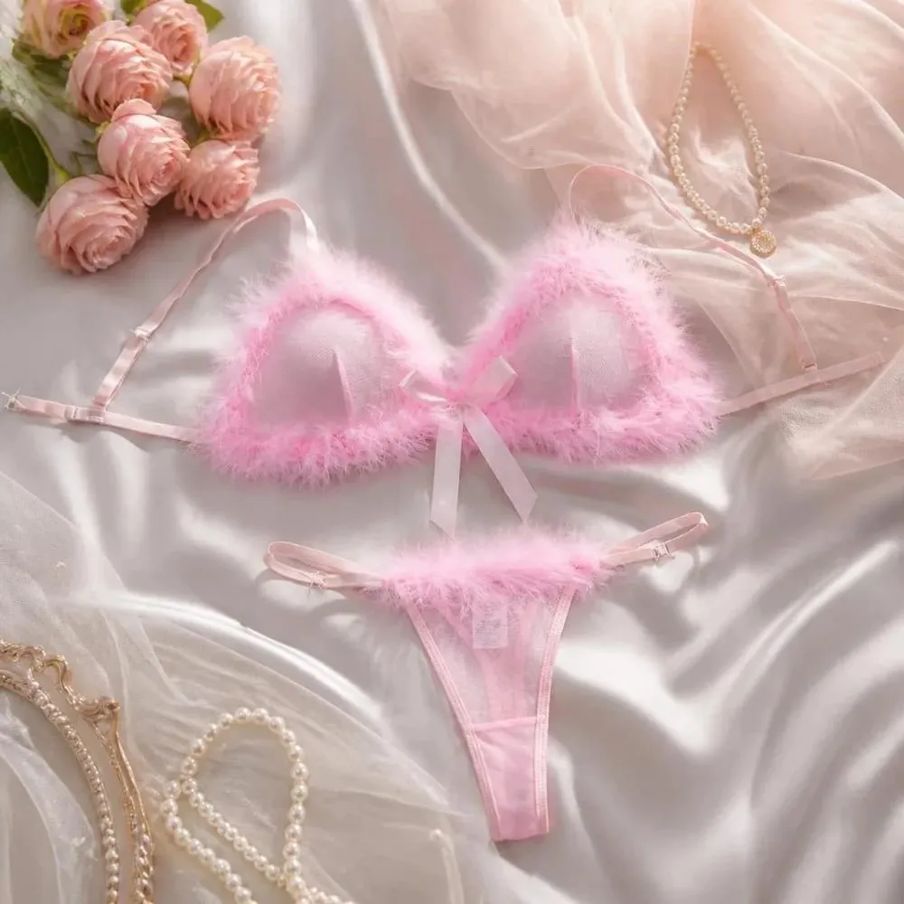 Furry Women's Underwear Wireless Mesh Transparent Lingerie Set Romantic Intimate Bow Decor Bra Panties Suit Intimate Moments — image 5