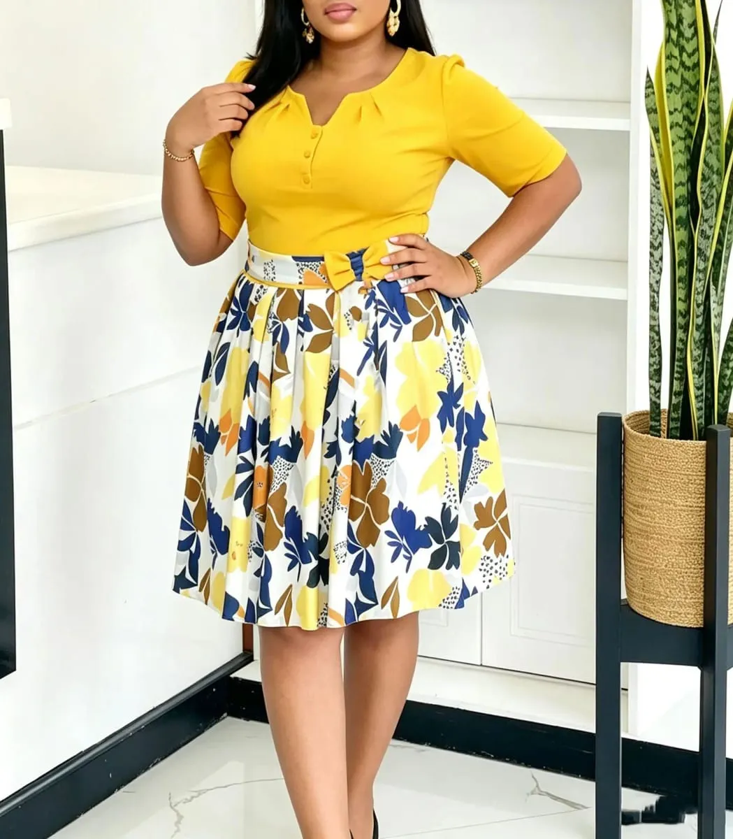 2026 AUTUMN NEW WOMEN SHORT SLEEVE PRINTED COLOR‑BLOCK SPLICING BIG SWING DRESS — image 3