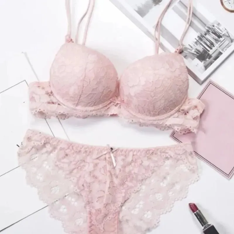 Women's Sexy Push Up Floral Lace Lingerie Set Bowknot Bra & Panty Low Rise Underwear for Daily Wear