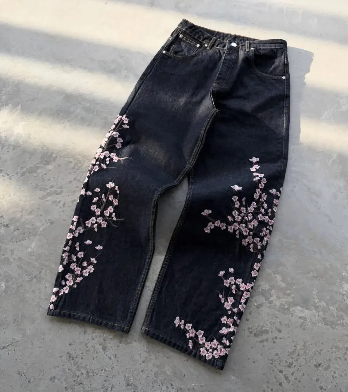 Unisex Jeans Harajuku European American Streetwear Embroidered Denim Pants Vintage Floral Loose Fit Straight Wide Leg Casual New