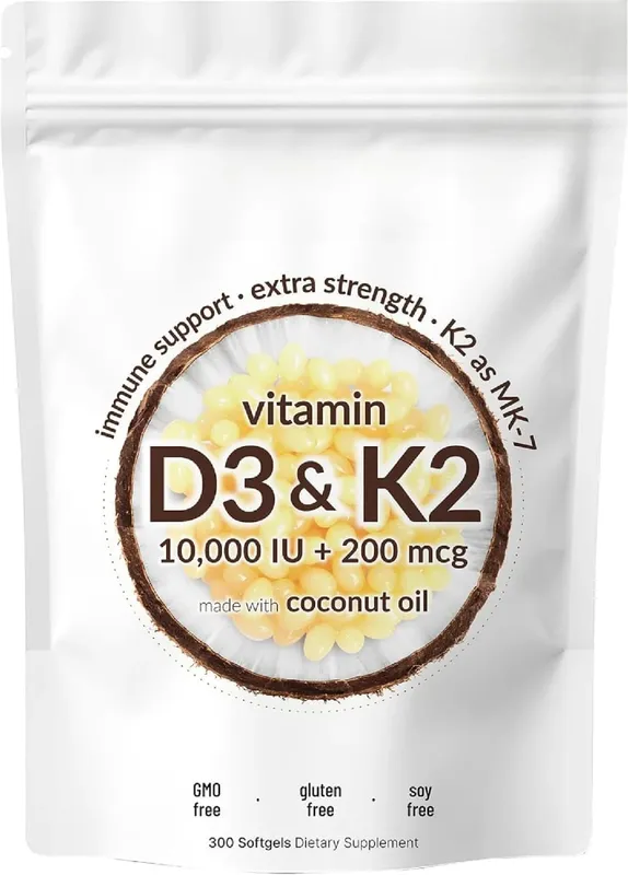 Vitamin D3 K2 Softgels with MK-7 10000 IU Vitamin D3 200mcg K2 Soy Free Gluten Free Daily Nutrition Supplement 300 Softgels