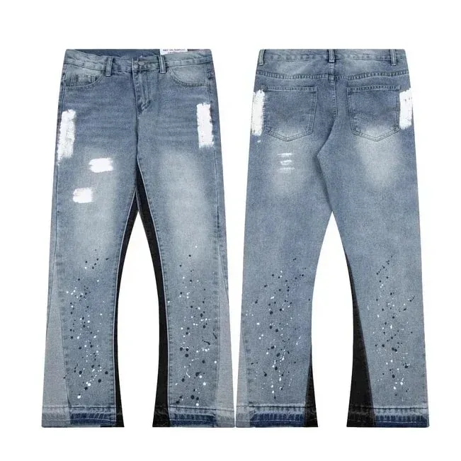 Mỹ Dạo Phố Bắn Mực Miếng Dán Cường Lực Quần Jean Baggy Nam Nữ Quần Áo Dây Buộc Hợp Thời Trang Quần Thẳng Slim Micro-flard Quần