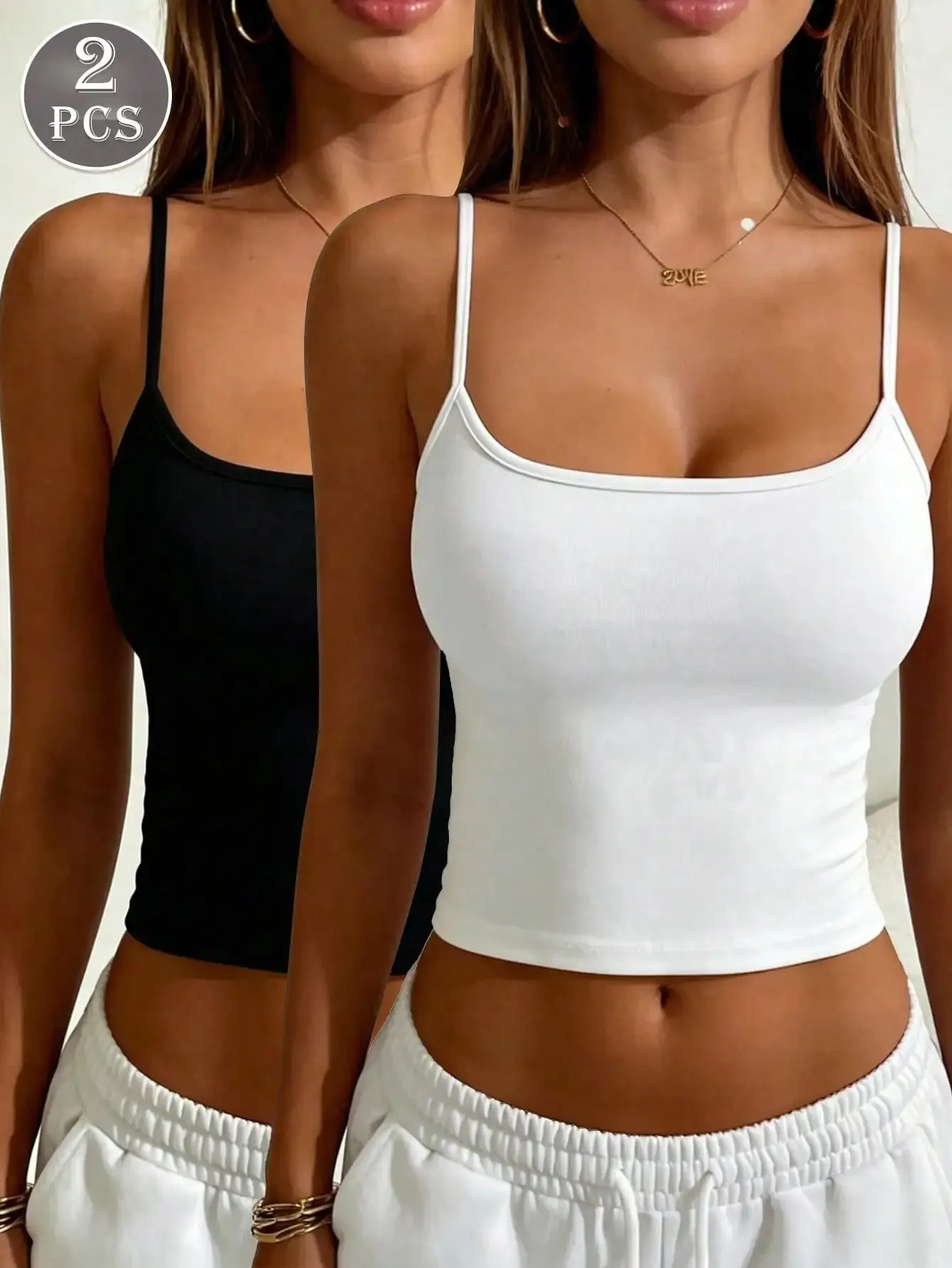 2pcs Women Tank Top Camisole Sexy Low Neckline Spring Summer White Crop Top Undergarments Versatile & Basic Outerwear Outfit