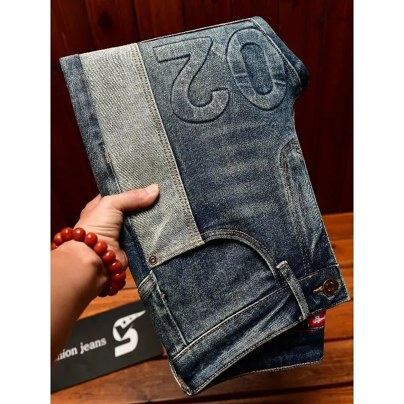 Fashionable high-end jeans for men slim fit small feet washed retro patchwork design trendy and luxurious men's pants — image 6