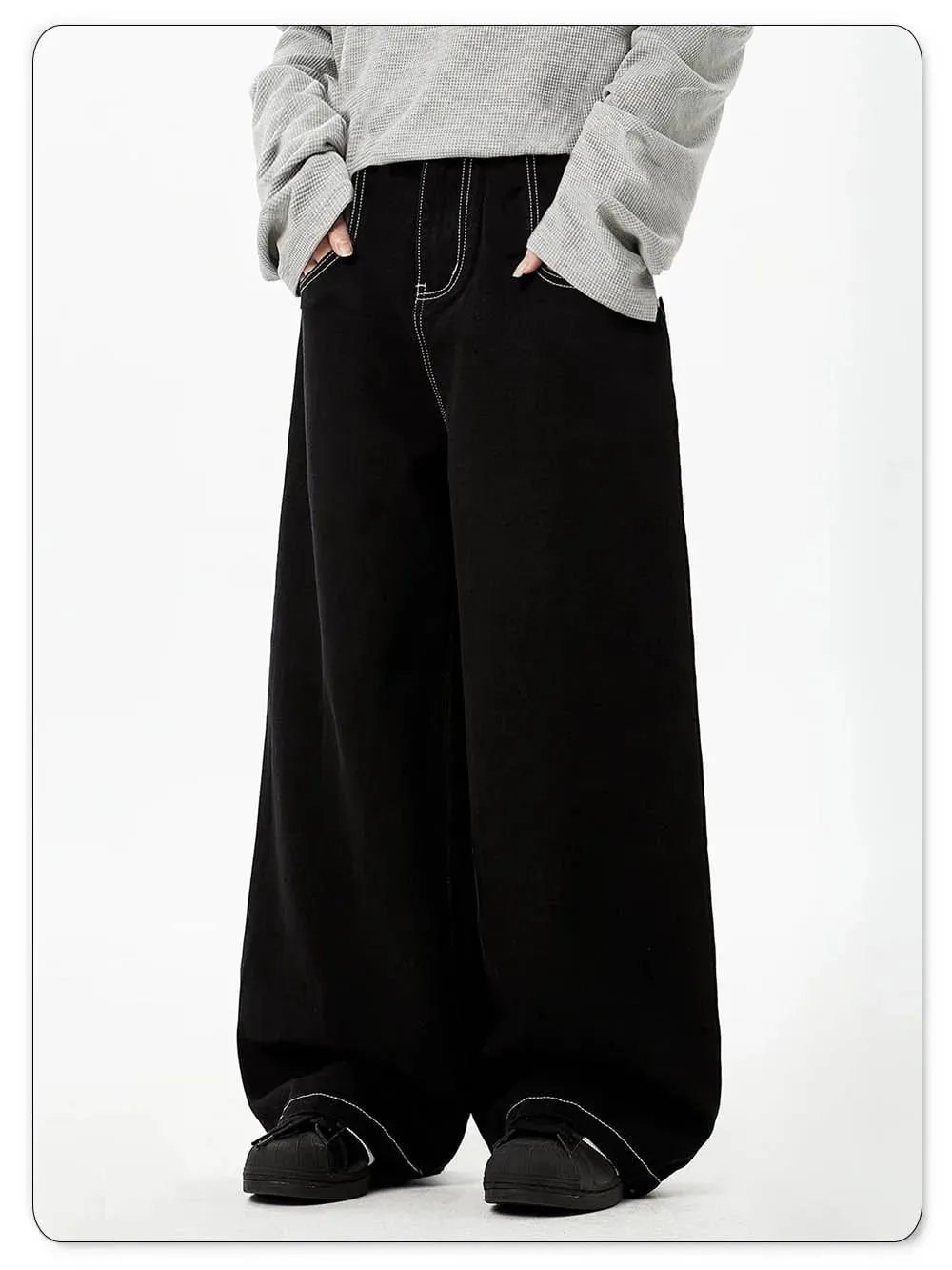 Spring Summer Men's Retro Black Baggy Wide Leg Jeans American Basic Unisex Daily Casual Denim Pants Women's Black Stacked Jeans