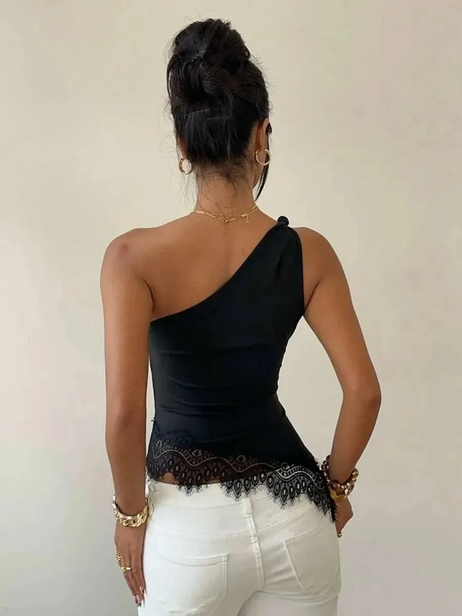 Women Black Lace Patchwork Twist Knot One Shoulder Top Summer Casual Y2K Street Style Backless Ruched Slim fit Crop Top — image 5