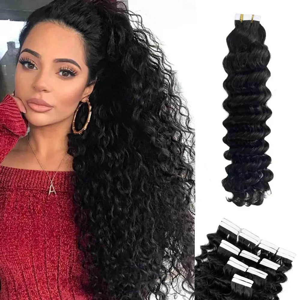 Deep Wave Tape In Hair Extensions Natural Black 100% Human Hair 20pcs/50g Curly Tape Ins Invisible Seamless Replaceable Glue #1B