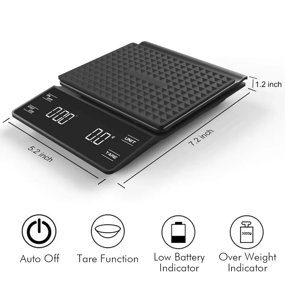 3kg/0.1g Precision Kitchen Scale with Timer-Digital Food Scale for Baking Cooking&Coffee Brewing (LCD Display Home Chef Tool)