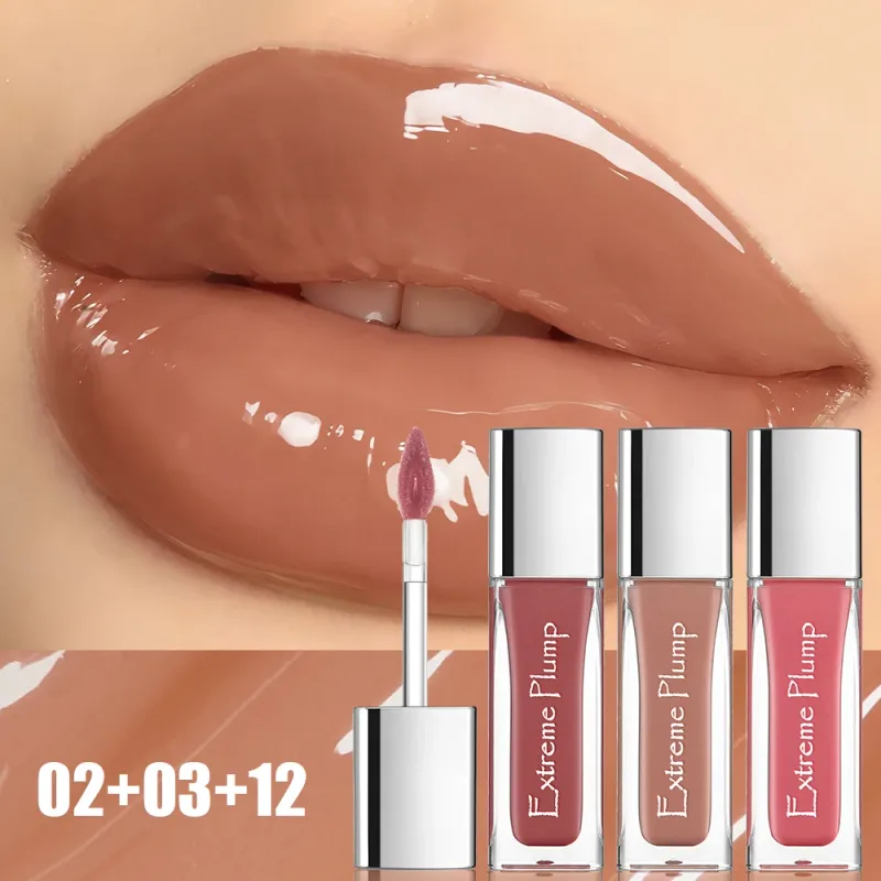 3 stk Extreme Plump Lip Gloss Sæt Spejlglas Finish Langvarig Hydrating Lip Glaze Ikke-klæbende Vandtæt nøgen flydende læbestift