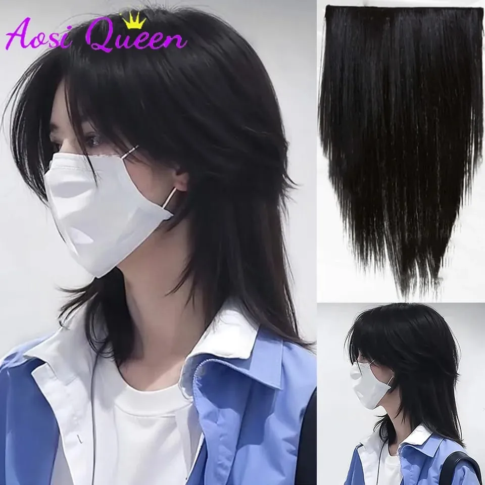 Synthetic Short Light Natural Men's One-piece Korean Style Invisible Wolf Tail Mullet Wig Extensions — image 2