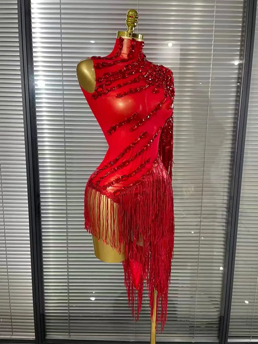 Black Red Women Sexy One Shoulder Shinning Crystal Sequins Tassels Bodycon Mid-calf Dress Nightclub Party Bar Dancer Costumes — image 5