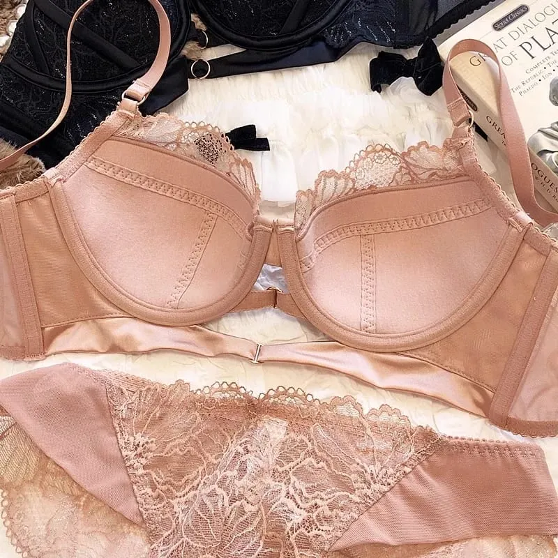 New Big Size Thin Cotton Lace Lingerie Set For Women Sexy Push Up Ladies Underwear Panties Hollow Out Female Intimates — image 5
