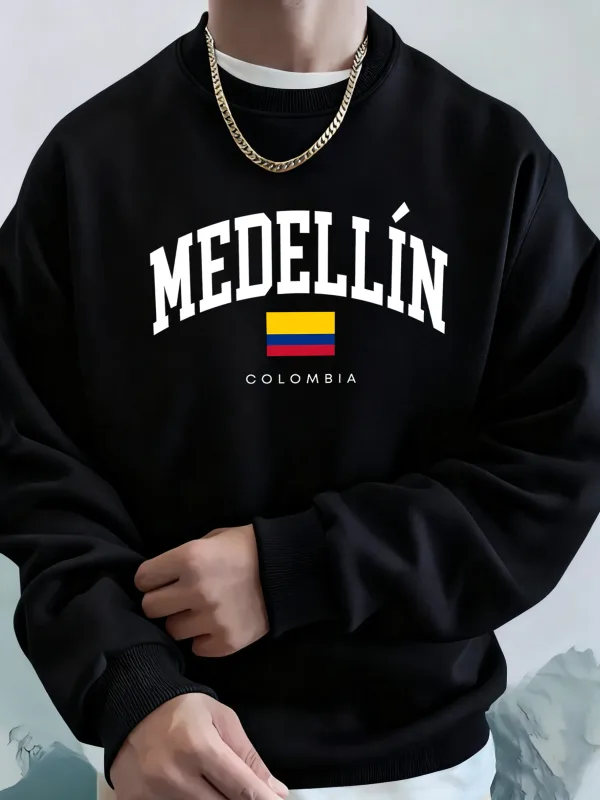 Medellin Colombia Letter And Flag Printed Men'S Hoodies Comfortable Fleece Sweatshirts Soft Fashion Tops Street Warm Clothes