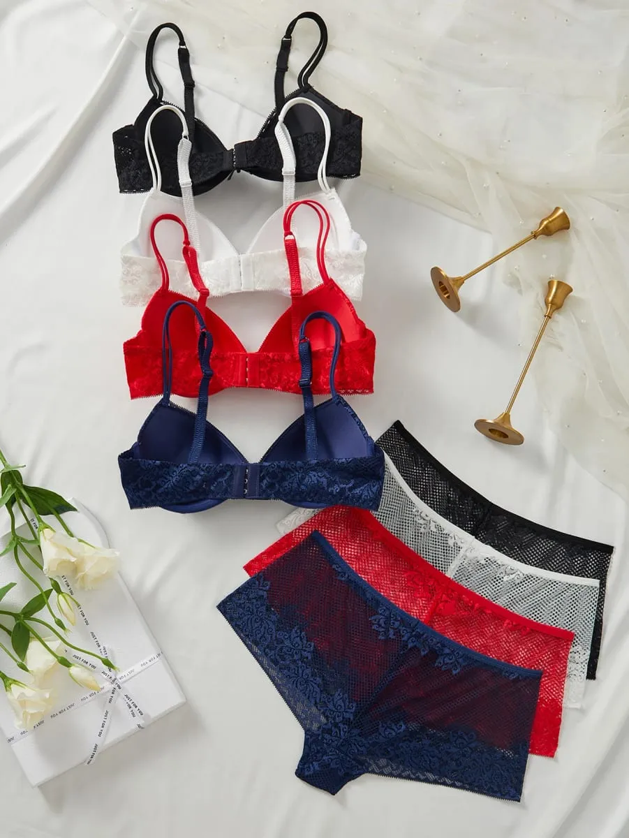 4 PCS Women's Underwear Set Sexy Floral Lace Push Up Bra Sheer Breathable Panties Stylish Comfortable Sexy Lingerie — image 4