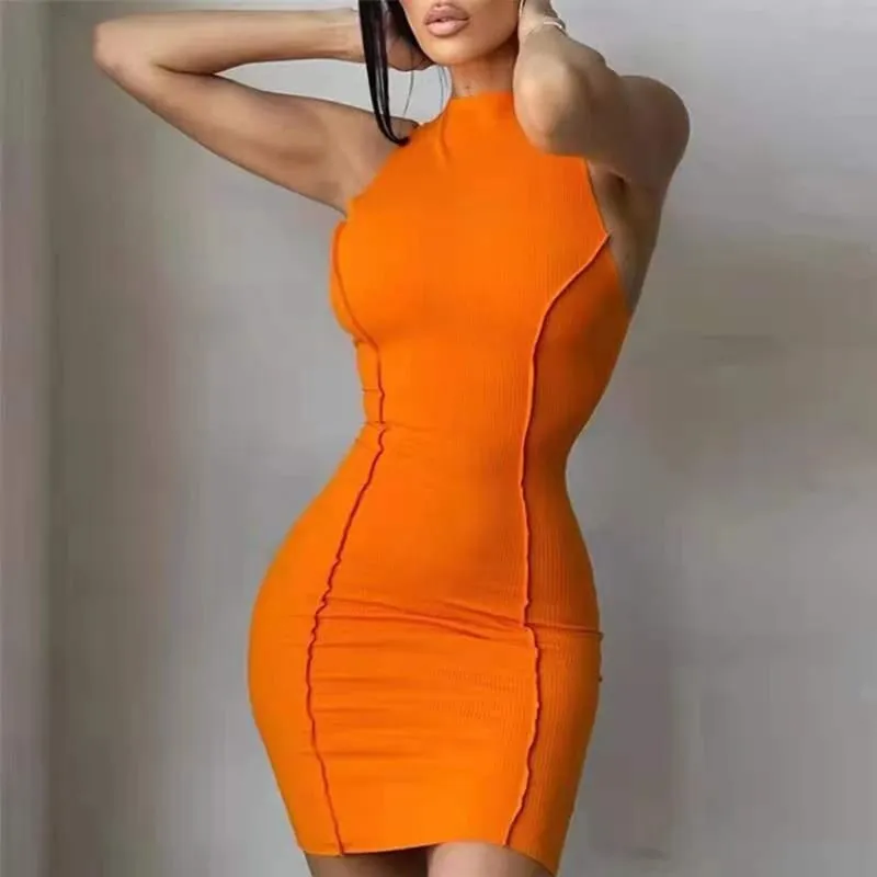Kobiety lato seksowna wąska wiązana sukienka biodrowa solidny patchworkowy dekolt w kształcie litery "o" bez rękawów Mini sukienki INS moda główna ulica płaszcza Vestidos