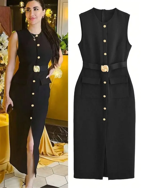Sleeveless Button Down Ashirtdress with Belt Solid Color Front Slit Elegant for Office Party Dresses Luxury 2025 Ashirtwaister — image 6