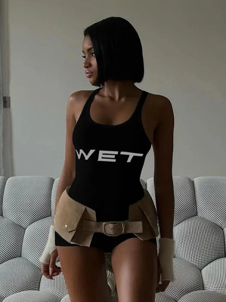 New 2025Summer Women Sexy Sport Romper Subtranslucent Slim Playsuits Letter Printed White Women'S Raceback Sleeveless — image 4