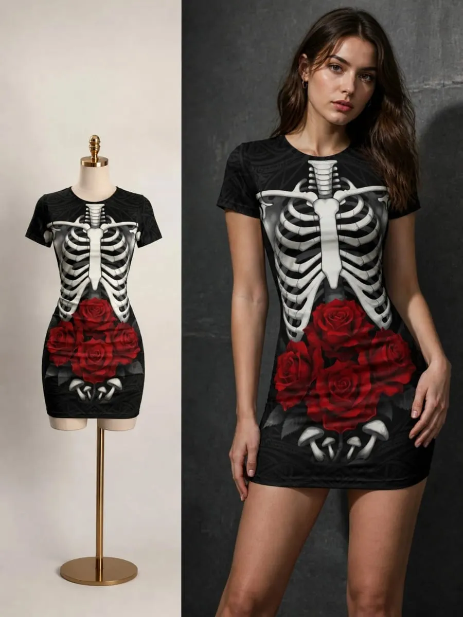 Dam kortärmad Bodycon Miniklänning Slim Fit Rund hals Blommönster Avslappnad Sommarfest Söt Trendig Smickrande Solklänning