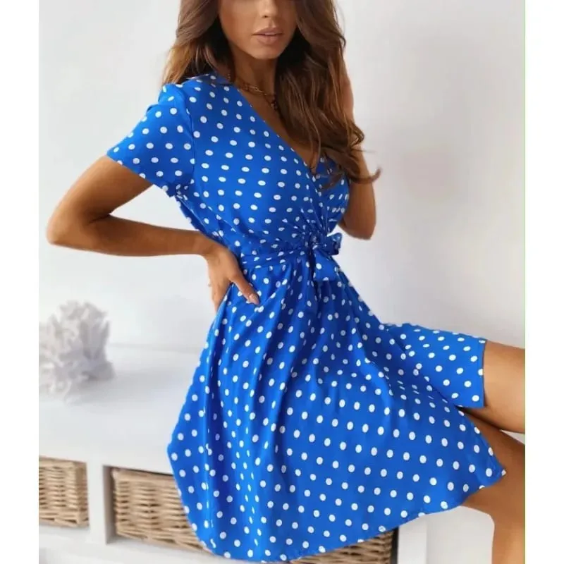 Sommer Damen Polka Dot Gedruckt Kurzarm Casual Kleid Modische V-ausschnitt Gürtel Pendeln Kleid Urlaub Party Damen Kleid — image 3