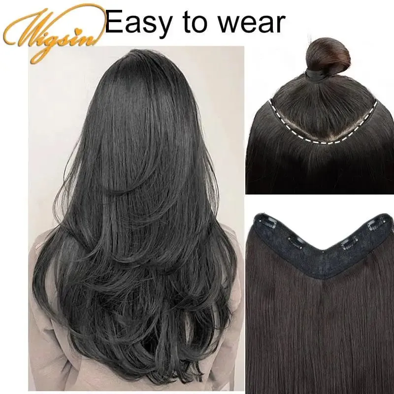 สังเคราะห์ 55 ซม.รูปตัว V Layered 4 คลิปยาวตรงผม EXTENSION ธรรมชาติที่มองไม่เห็น Hairpiece วิกผมสำหรับผู้หญิง
