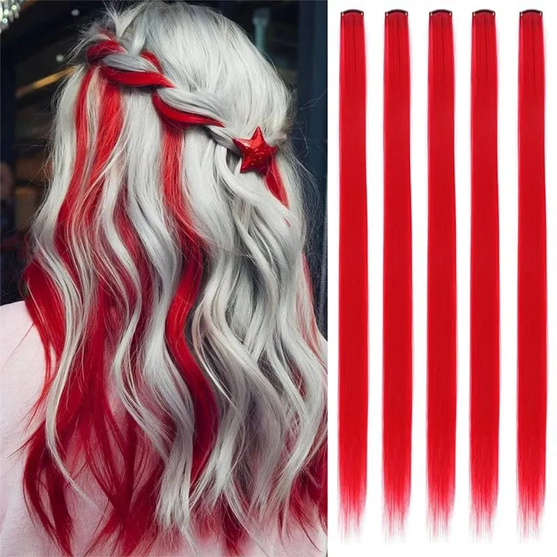 5 Pieces of Colorful Hair Clips 24 Inch Long Straight Fake Hair Clips Combined for Christmas Fashion Wig Pieces — image 10
