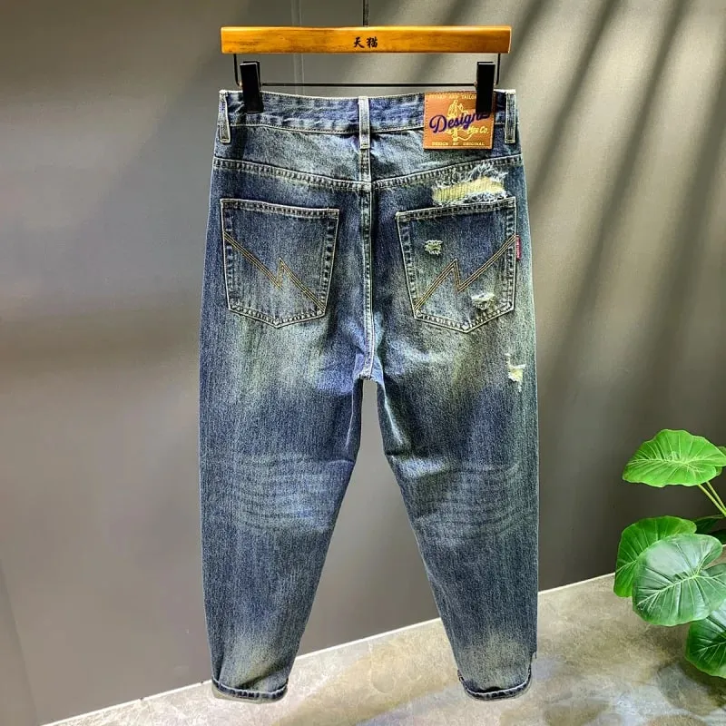 2025 Autumn/Winter New Men's Trendy Piercing Patch Jeans with Letter Printed Micro Loose Pants — image 3