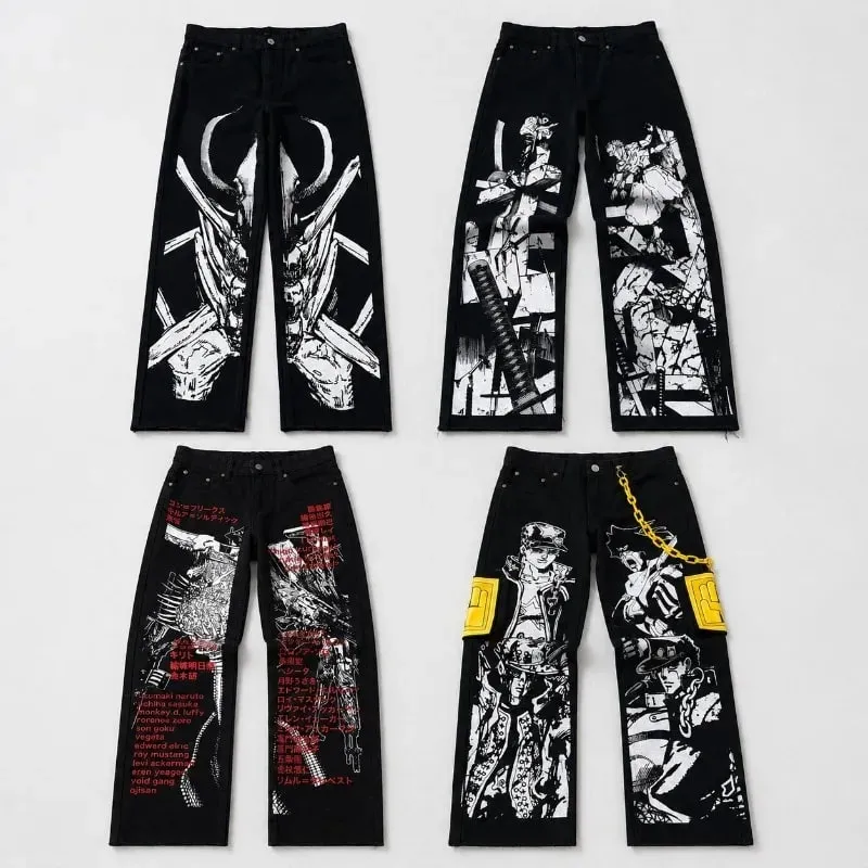 Anime Print Baggy Jeans Men Harajuku Hip Hop Black Denim Pants Streetwear Y2K Manga Graphic Wide Leg Trousers Gothic Clothes — image 2