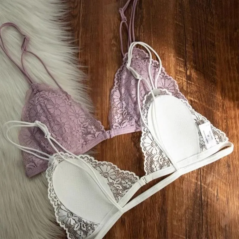 Bra Segitiga Tipis Berenda Seksi Gaya Perancis dengan Kancing Depan Pakaian Dalam Lingerie Nirkabel Cincin Tanpa Baja Wanita Bra Punggung Cantik