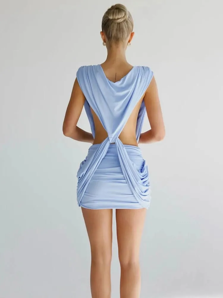 Nibber Folds Dress Wome Kink Deep v-Neck Sleeveless Solid Summer Trend Skinny Cross Waistless Stretch Beach Party Mini Bodycon — image 4