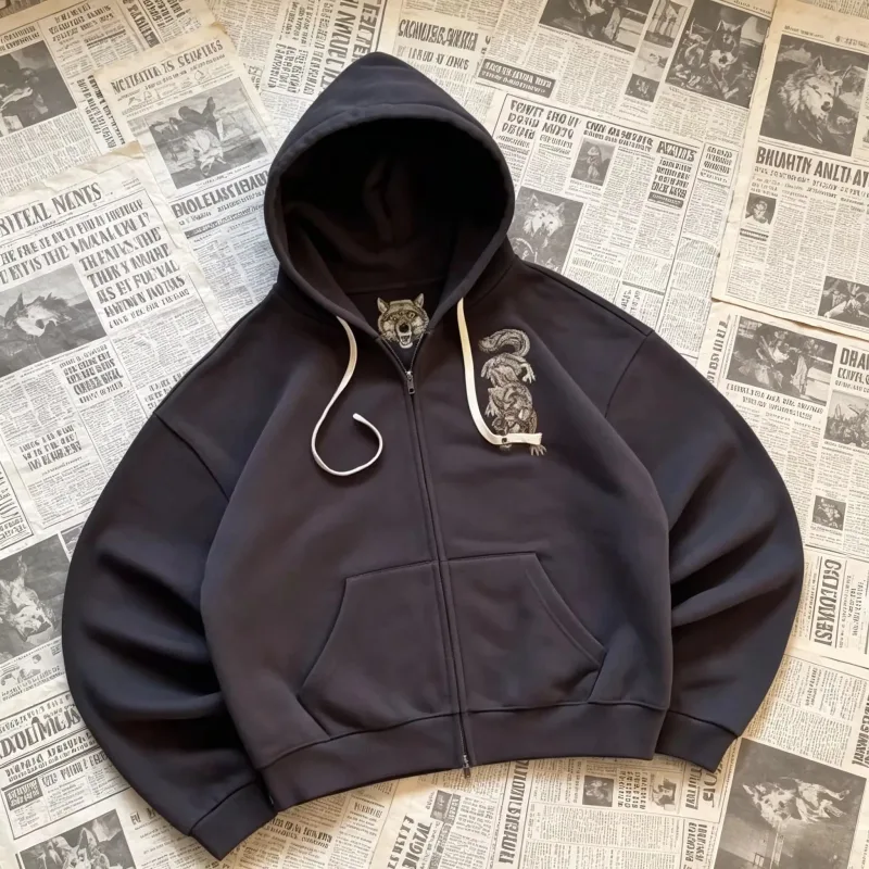 Dark Brown Full Zip Hoodie Double Men Wolf Embroidery Drawstring Pocket Oversized Y2K Grunge Vintage Street Zip Up Sweat Jackets — image 3