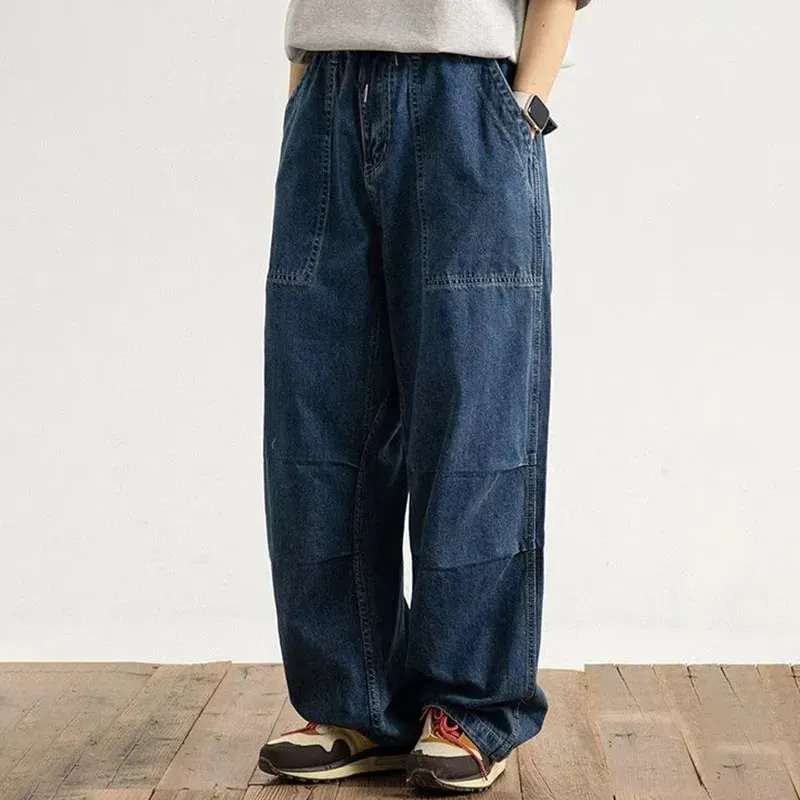 Spring And Autumn Japanese Style Oversized Straight Leg Jeans Loose Drawstring Workwear Pants Wide Leg Pants Men'S Pants