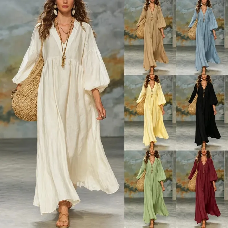 Women Bohemian Linen Maxi Dress V Neck Puff 3/4 Sleeve Loose Flowy Long Dress Casual Beach Vacation Sundress — image 1