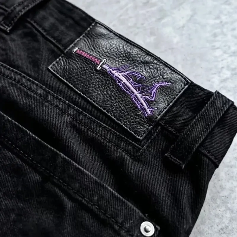 Mens Jeans Heavy Embroidery Streetwear Denim Pants Harajuku Unisex Loose Fit Wide Leg Anime Straight Leg Black Casual Fashion — image 4