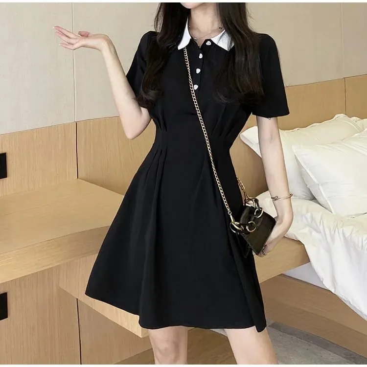 Women's Contrast Collar Polo Dress Summer Short Sleeve Button Front A Line Casual Mini Dress — image 4
